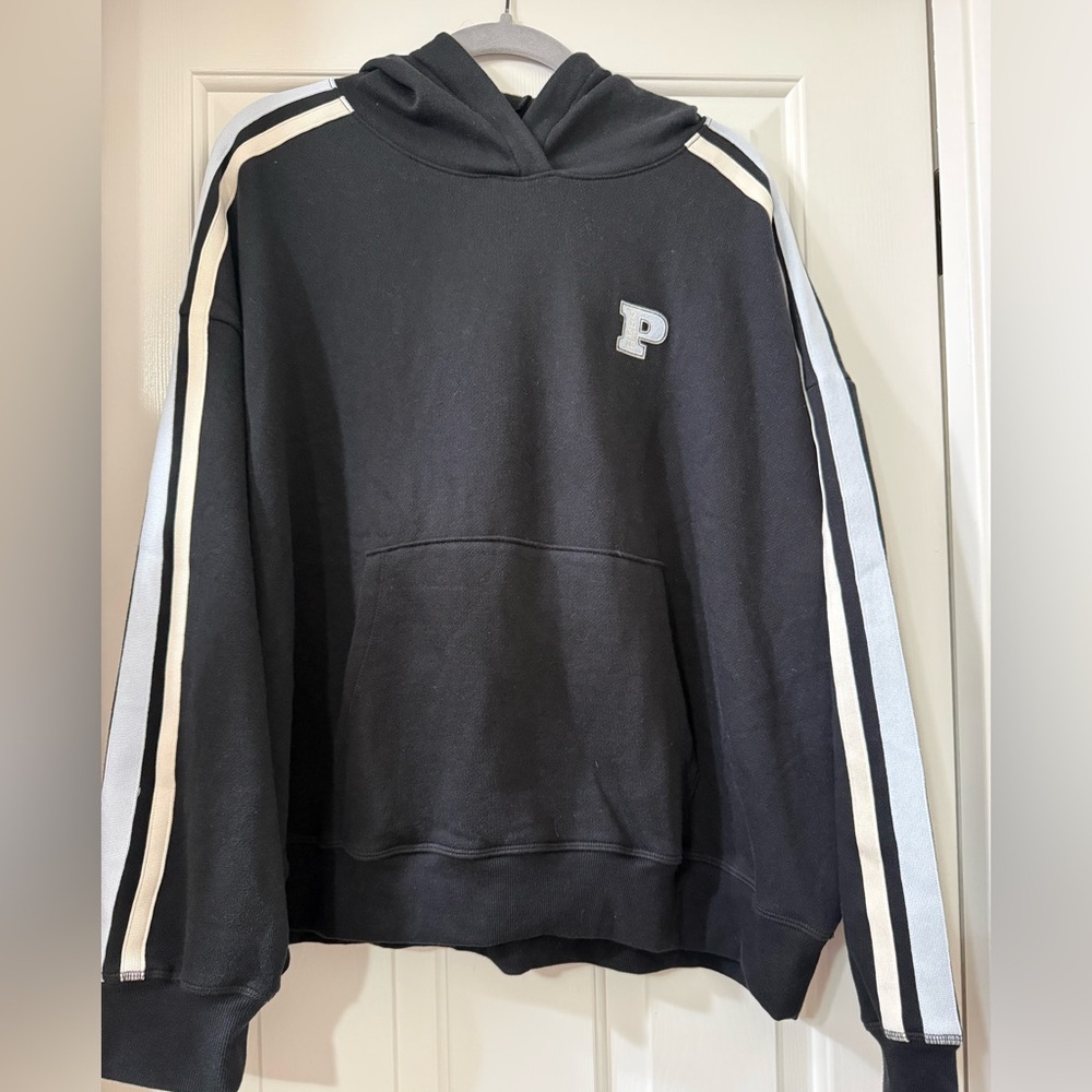 VS PINK Black Varsity Hoodie with Striped Sleeves - XL *NWT